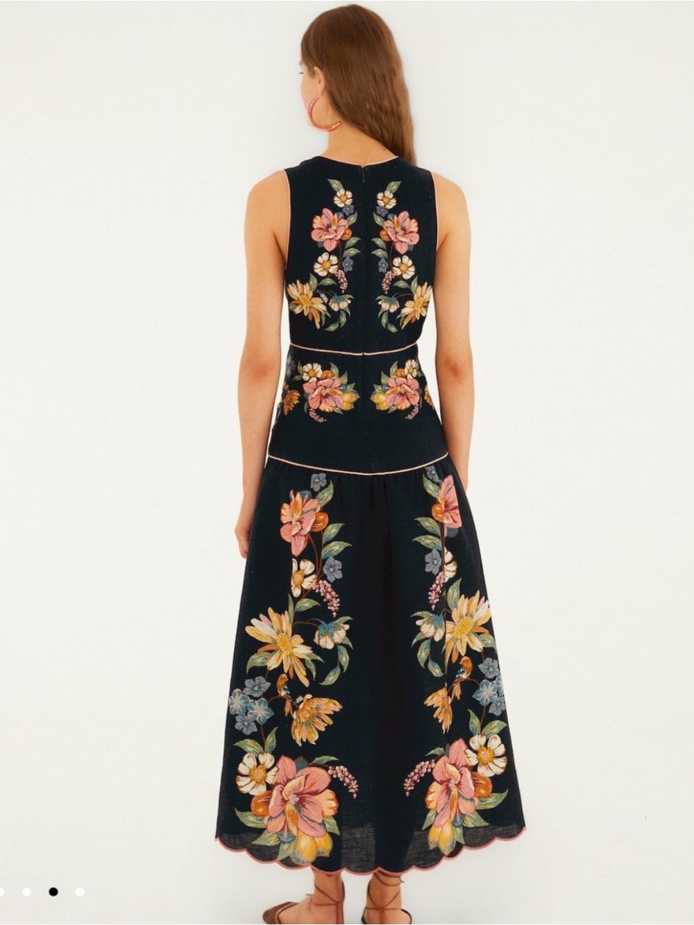 Farm Rio Dark Blue Maira Floral Premium Linen Scalloped Hem Midi Dress  XL - Picture 3 of 12